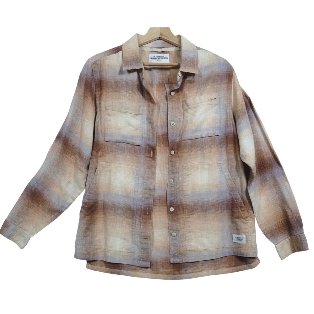 REI Co-op Mens Medium Plaid Flannel Shirt Brown Purple Gorpcore Hiking Outdoor